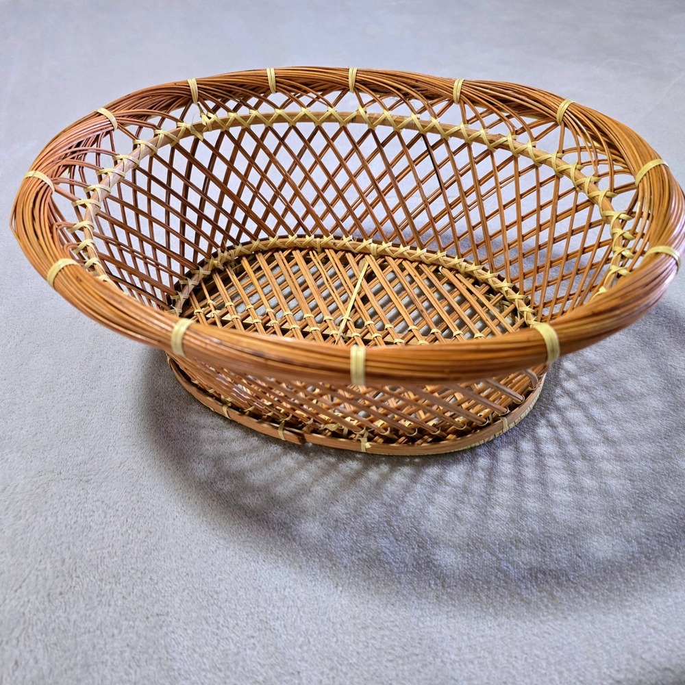 Vintage Oval Wicker Rattan Basket Natural Brown Open Weave 12.5 in